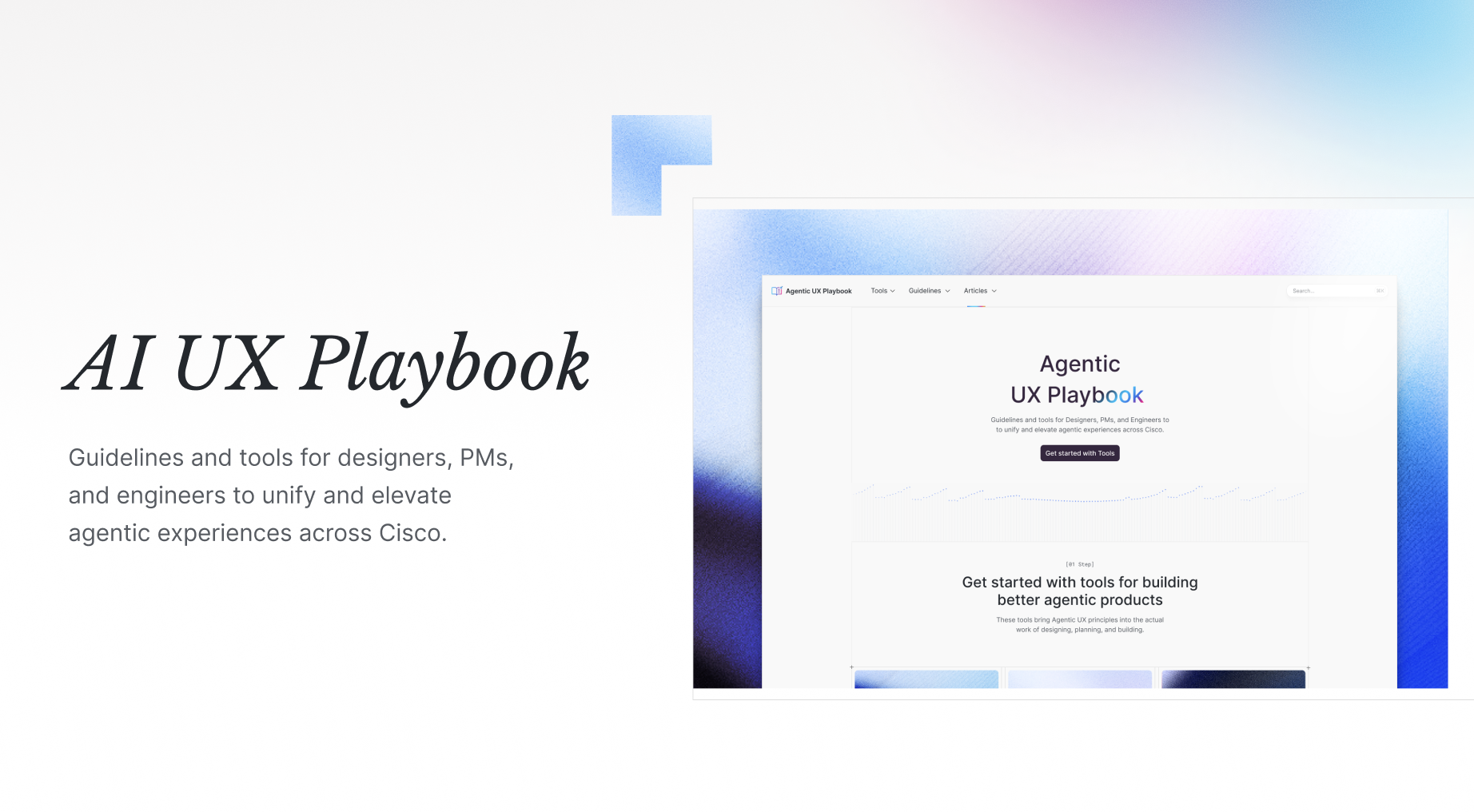 Agentic UX Playbook homepage showing guidelines and tools for designers, PMs, and engineers