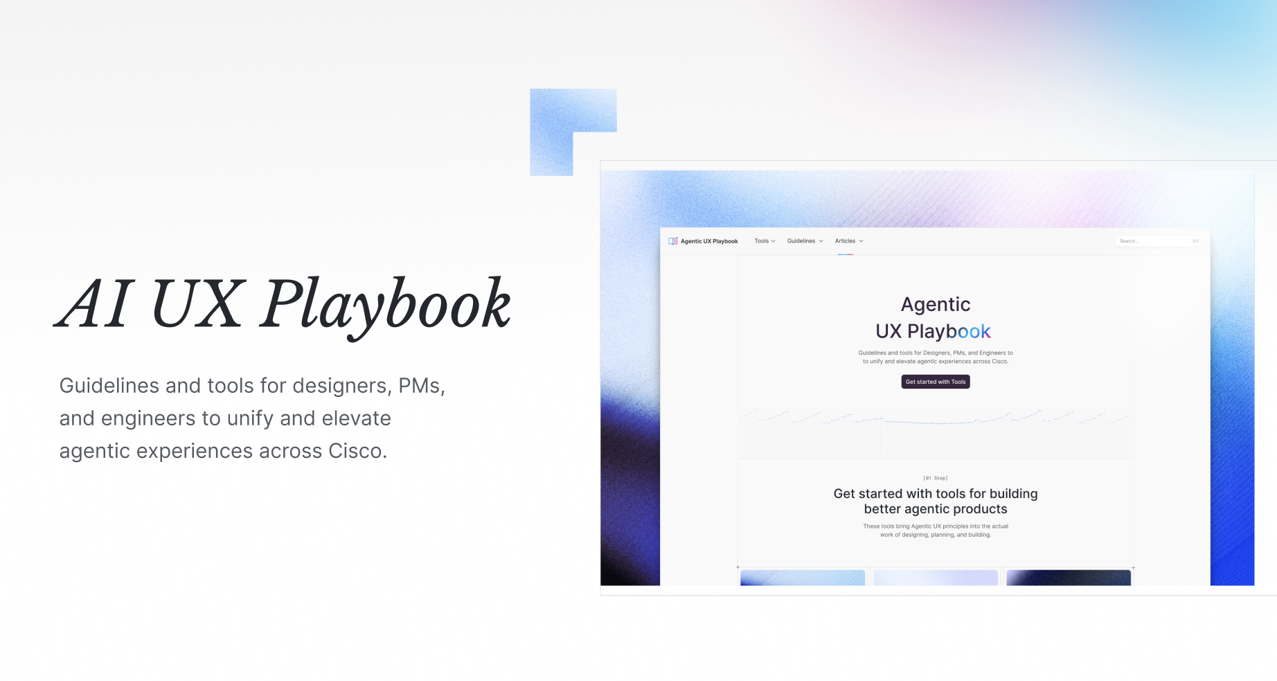 Agentic UX Playbook homepage showing guidelines and tools for designers, PMs, and engineers
